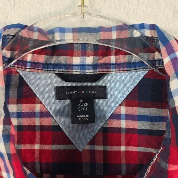 Tommy Hilfiger Button Down Shirt Long Roll Tab Sleeve Boys Size XL 20 Plaid NWT - Picture 3 of 8